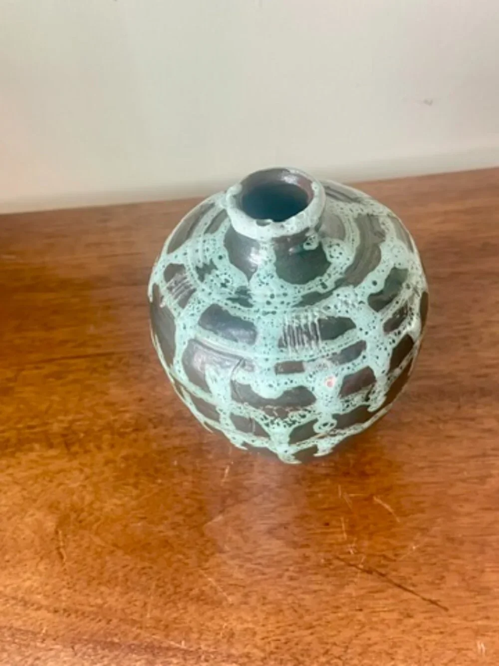 MCM European Vase VTG Dark Matte Base w/Textured Turquoise Drip Glaze